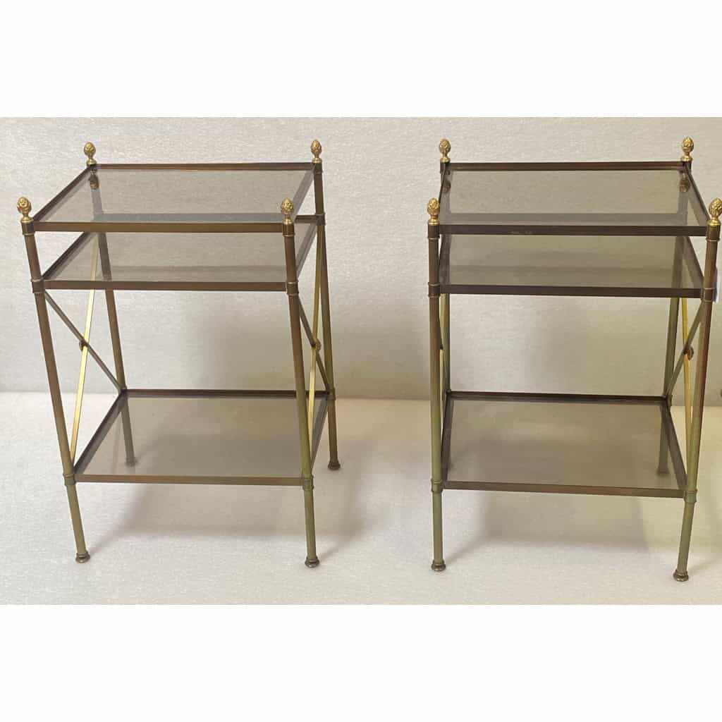 1950/70′ Paire d’Étagères en Laiton à 3 Niveaux Verre Fumé Maison Baguès à Croisillons avec Pâquerettes 6