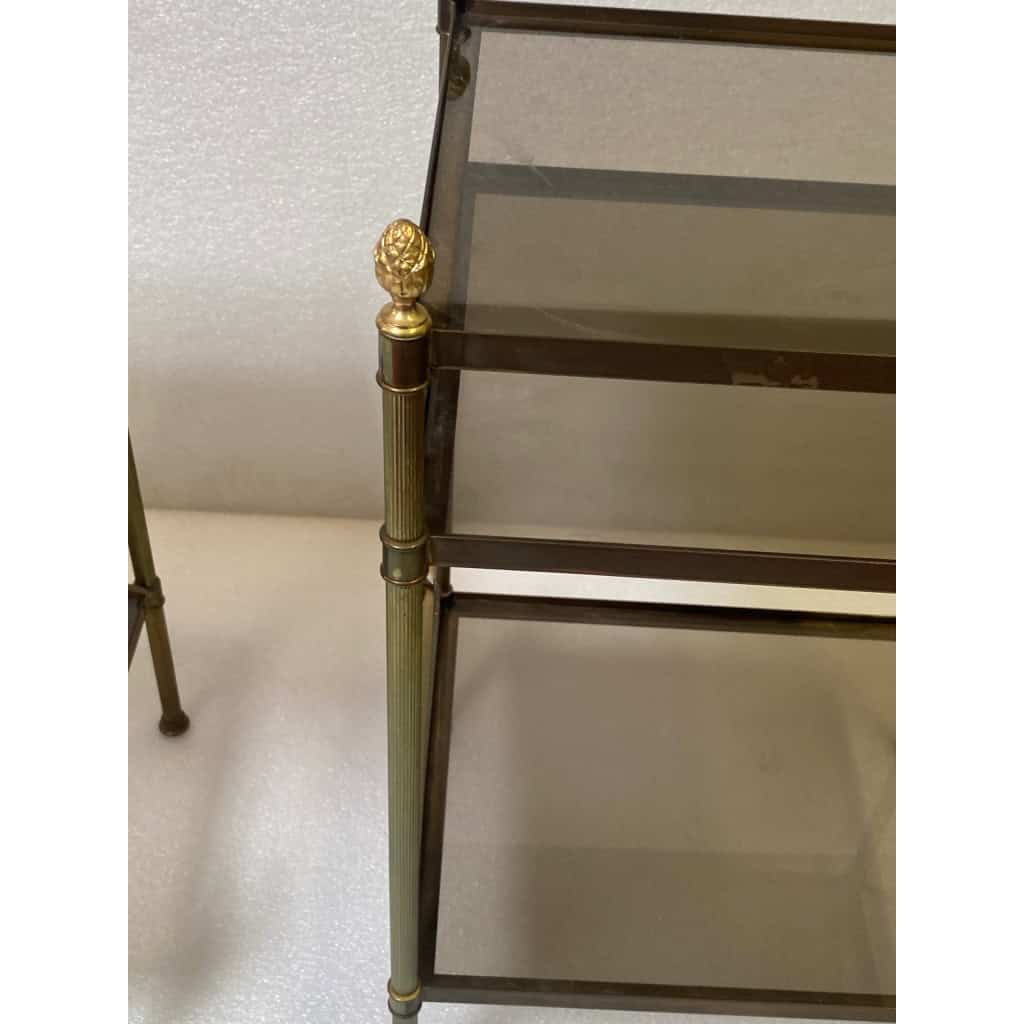 1950/70′ Paire d’Étagères en Laiton à 3 Niveaux Verre Fumé Maison Baguès à Croisillons avec Pâquerettes 7