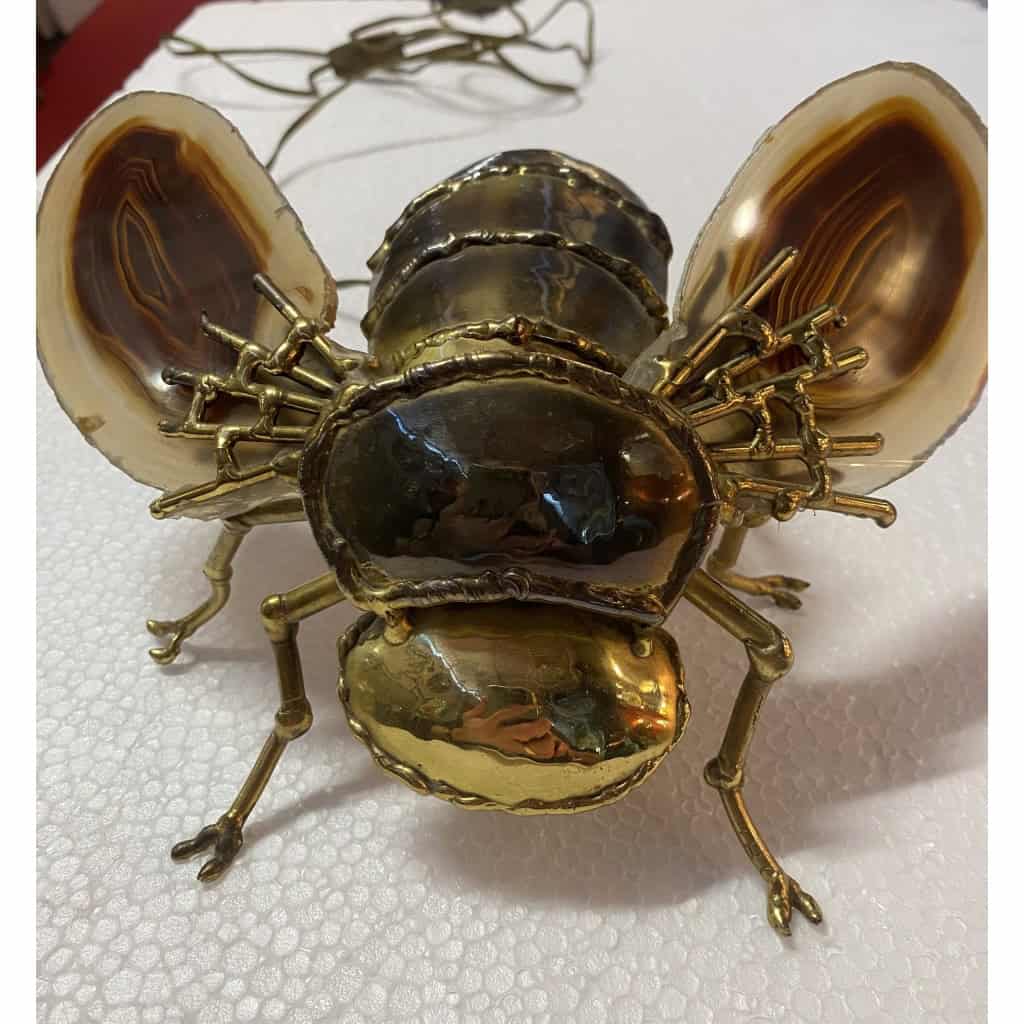 1970’ Applique Abeille en Bronze ou Laiton, Duval Brasseur Ou Isabelle Faure, 1 Ampoule, Ailes d’Agate | Biron |||||||||