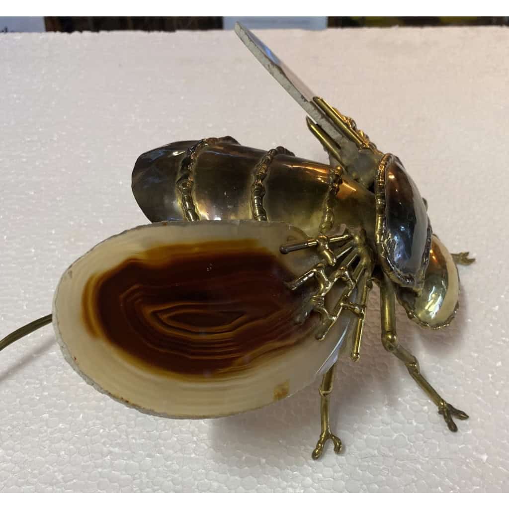 1970’ Applique Abeille en Bronze ou Laiton, Duval Brasseur Ou Isabelle Faure, 1 Ampoule, Ailes d’Agate | Biron 1970’ Applique Abeille en Bronze ou Laiton, Duval Brasseur Ou Isabelle Faure, 1 Ampoule, Ailes d’Agate