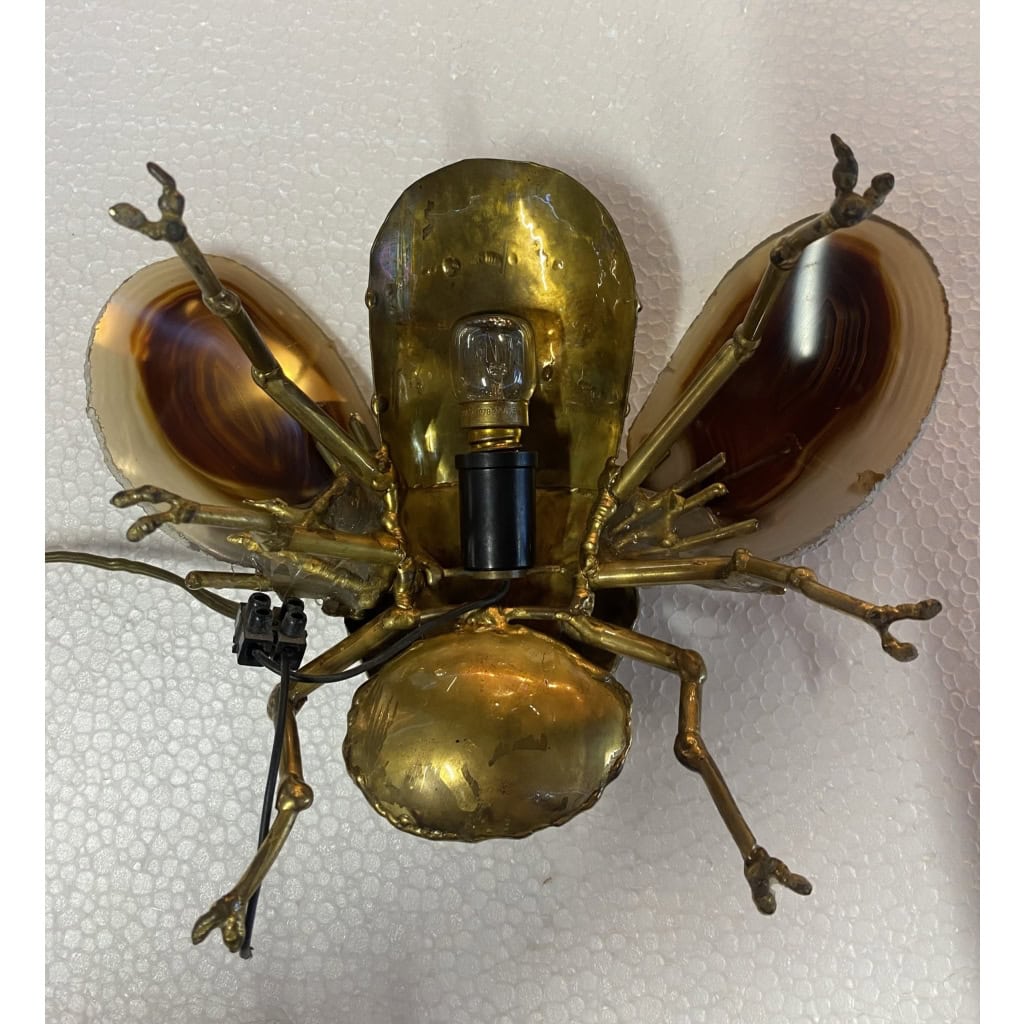 1970’ Applique Abeille en Bronze ou Laiton, Duval Brasseur Ou Isabelle Faure, 1 Ampoule, Ailes d’Agate | Biron 1970’ Applique Abeille en Bronze ou Laiton, Duval Brasseur Ou Isabelle Faure, 1 Ampoule, Ailes d’Agate