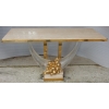 1970′ Console Bronze Doré, Altuglas Et Travertin Aux Cornes D’Abondance Par Claude Dalle Pour Roméo | Biron |||||||||||
