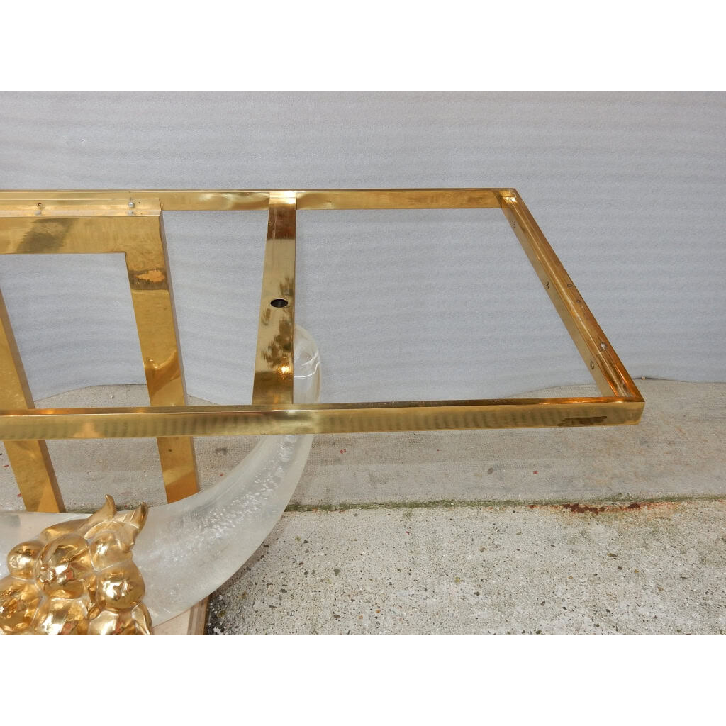 1970′ Console Bronze Doré, Altuglas Et Travertin Aux Cornes D’Abondance Par Claude Dalle Pour Roméo | Biron 1970′ Console Bronze Doré, Altuglas Et Travertin Aux Cornes D’Abondance Par Claude Dalle Pour Roméo