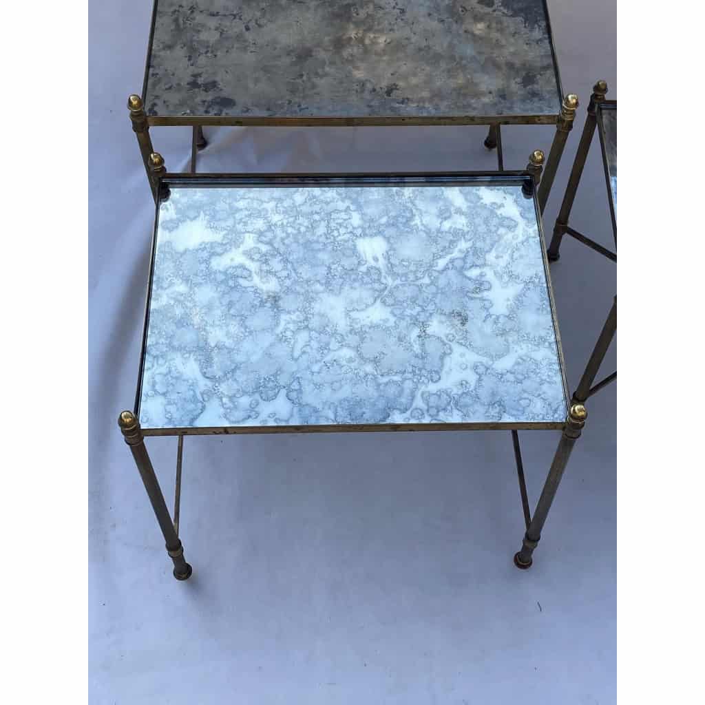 1970′ Série De 3 Tables Gigognes Maison Baguès En Bronze Doré, 3 Plateaux Verre Oxydé Vieilli 11