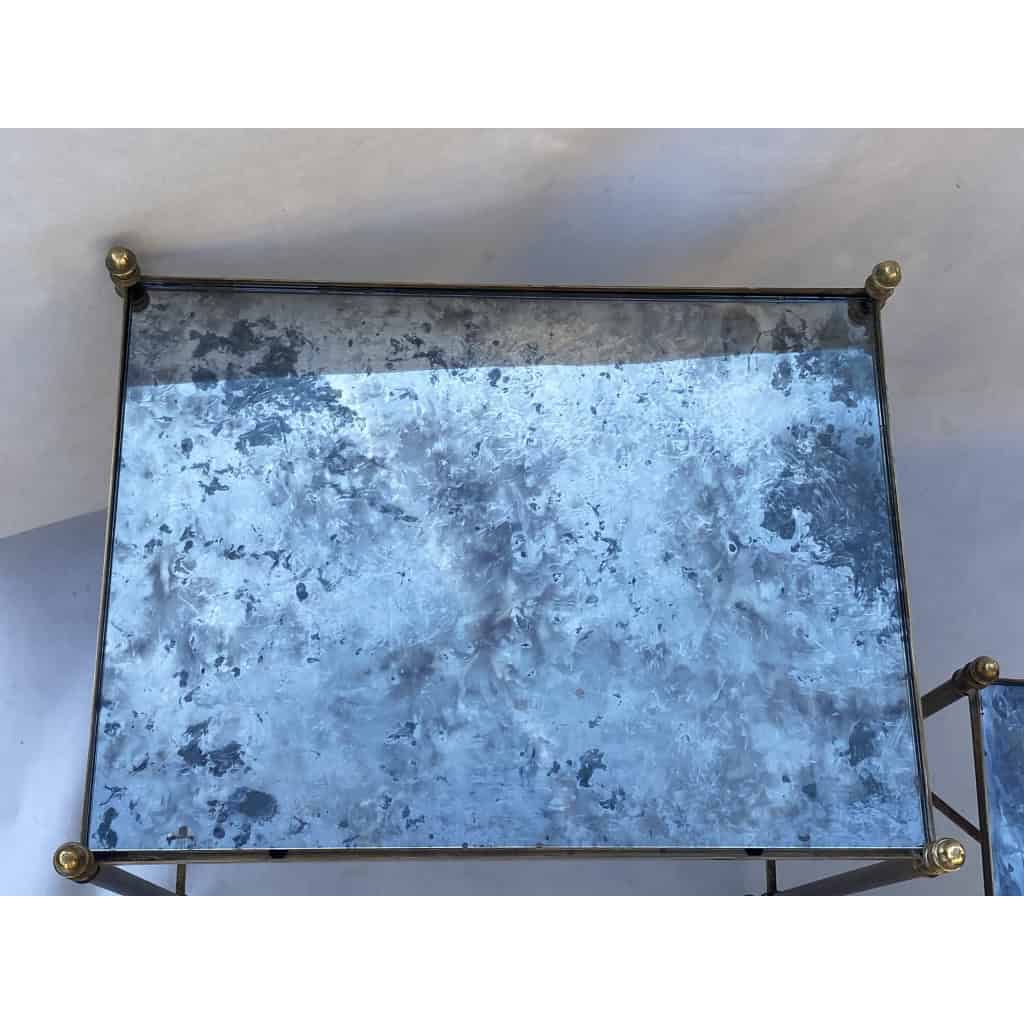 1970′ Série De 3 Tables Gigognes Maison Baguès En Bronze Doré, 3 Plateaux Verre Oxydé Vieilli 3