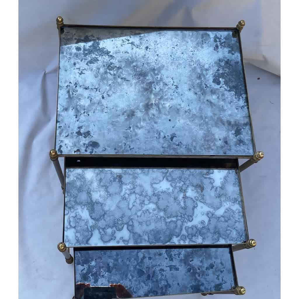 1970′ Série De 3 Tables Gigognes Maison Baguès En Bronze Doré, 3 Plateaux Verre Oxydé Vieilli 5
