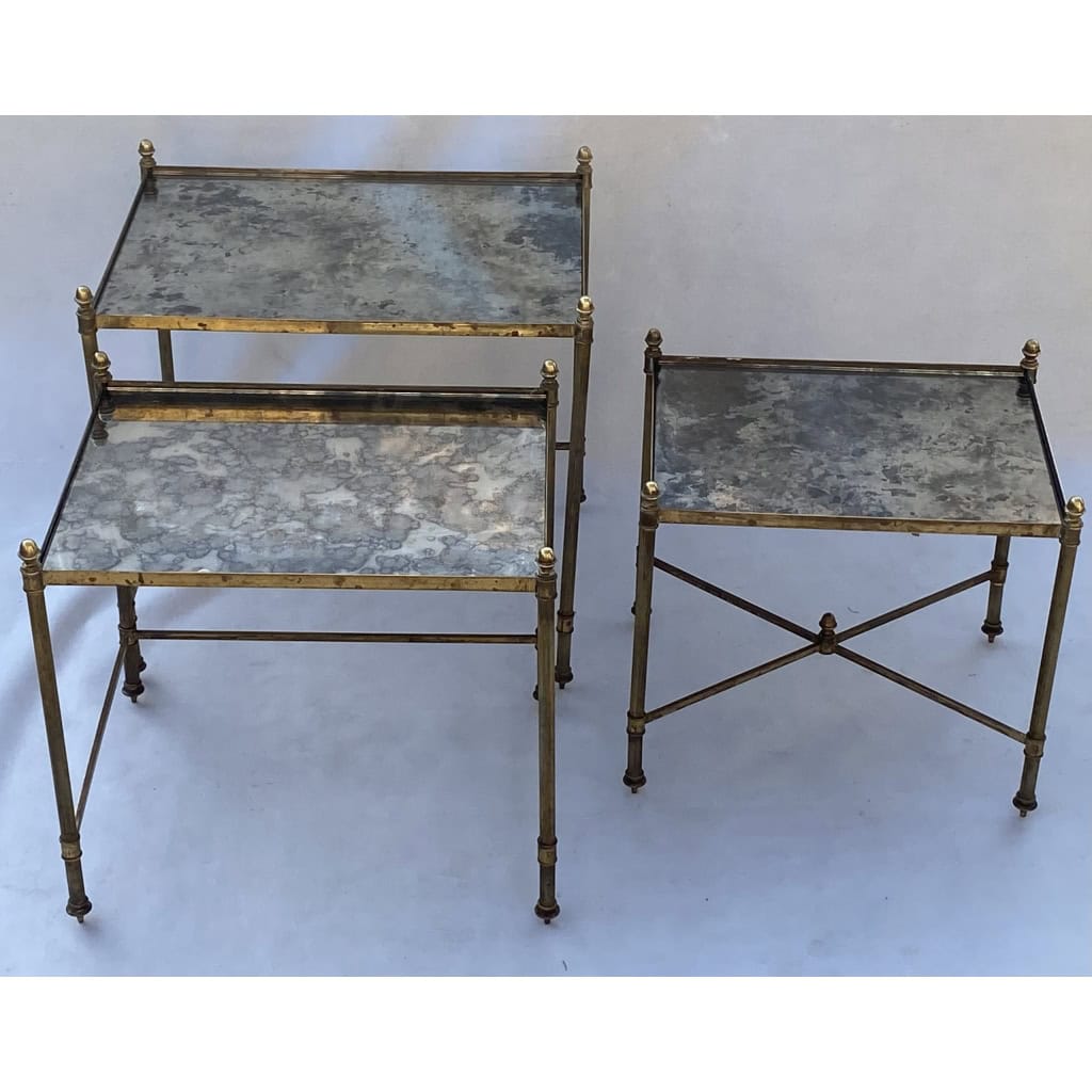 1970′ Série De 3 Tables Gigognes Maison Baguès En Bronze Doré, 3 Plateaux Verre Oxydé Vieilli 6