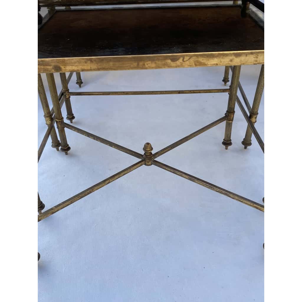 1970′ Série De 3 Tables Gigognes Maison Baguès En Bronze Doré, 3 Plateaux Verre Oxydé Vieilli 7