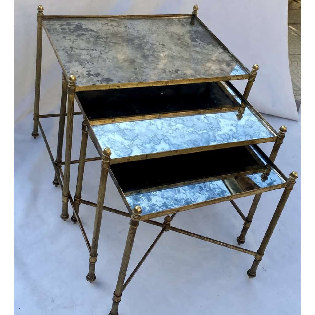 1970′ Série De 3 Tables Gigognes Maison Baguès En Bronze Doré, 3 Plateaux Verre Oxydé Vieilli 8