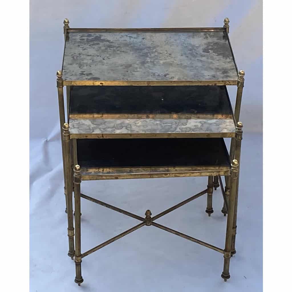 1970′ Série De 3 Tables Gigognes Maison Baguès En Bronze Doré, 3 Plateaux Verre Oxydé Vieilli 9