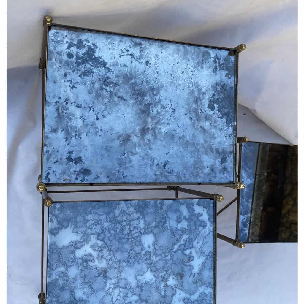 1970′ Série De 3 Tables Gigognes Maison Baguès En Bronze Doré, 3 Plateaux Verre Oxydé Vieilli 10