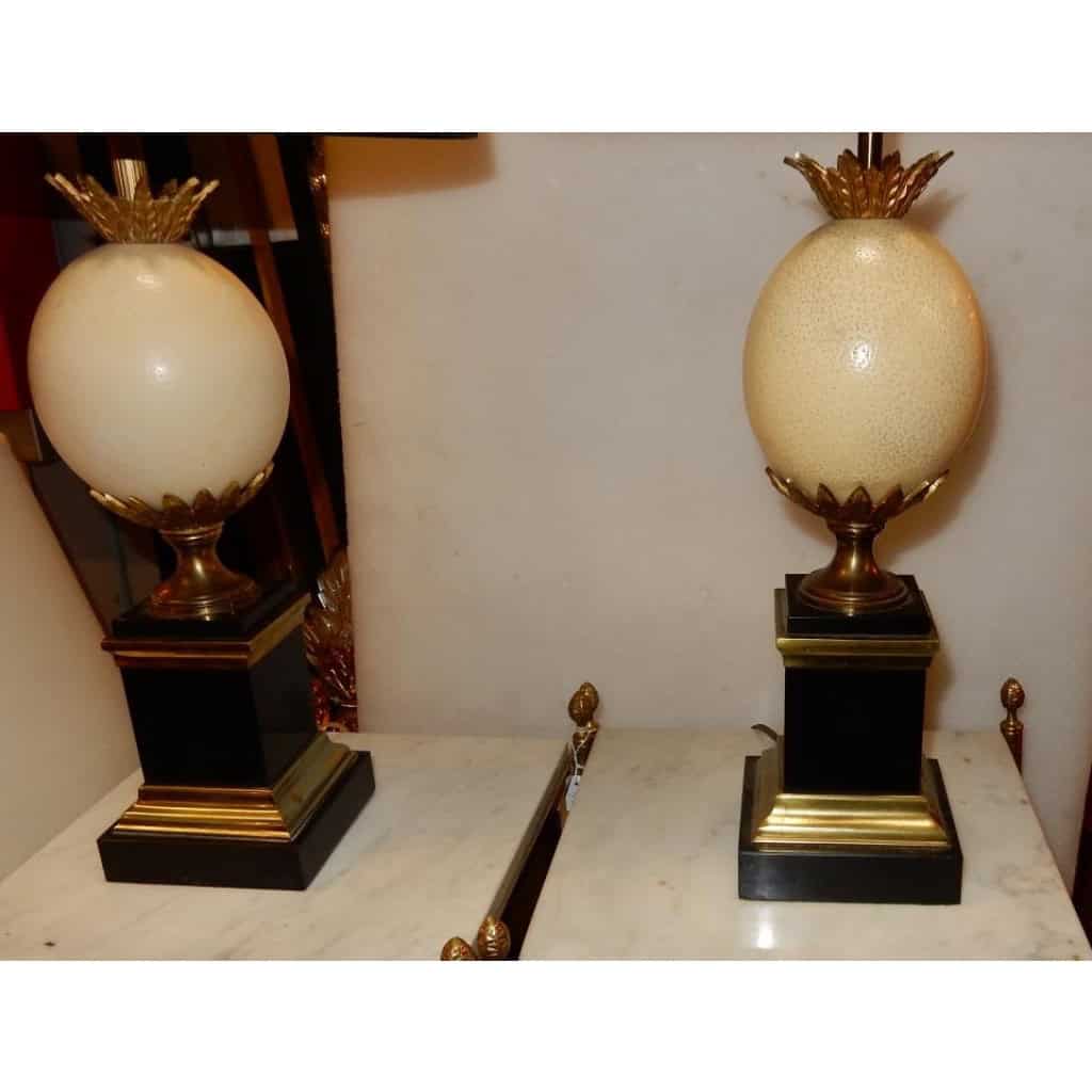 1950/70′ Paire de Lampes en Marbre Noir et Œuf d’Autruche Maison Jansen