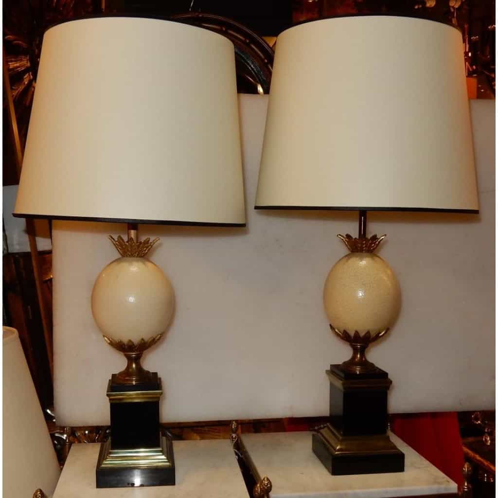1950/70′ Paire de Lampes en Marbre Noir et Œuf d’Autruche Maison Jansen