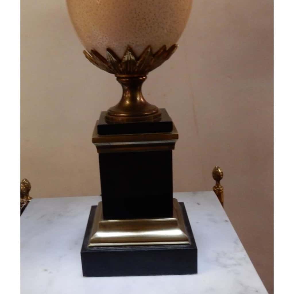 1950/70′ Paire de Lampes en Marbre Noir et Œuf d’Autruche Maison Jansen