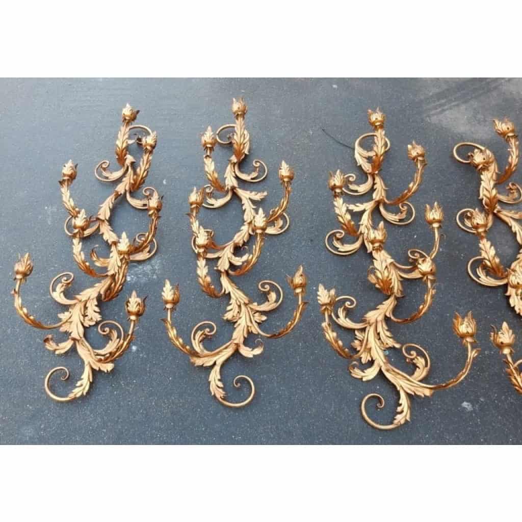 1970′ 2 Paires d’Appliques Fer Doré Fleurs et Feuillage à 8 Ampoules