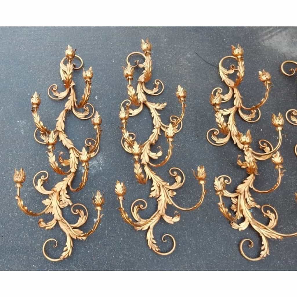1970′ 2 Paires d’Appliques Fer Doré Fleurs et Feuillage à 8 Ampoules