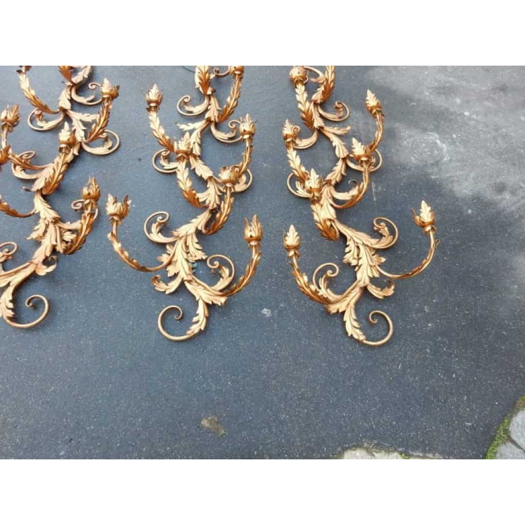 1970′ 2 Paires d’Appliques Fer Doré Fleurs et Feuillage à 8 Ampoules