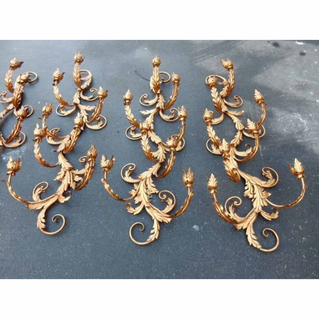 1970′ 2 Paires d’Appliques Fer Doré Fleurs et Feuillage à 8 Ampoules