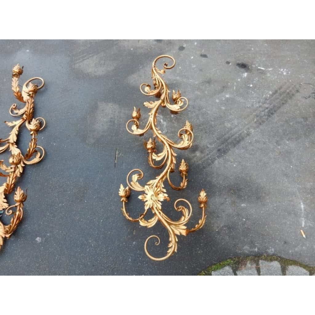 1970′ 2 Paires d’Appliques Fer Doré Fleurs et Feuillage à 8 Ampoules