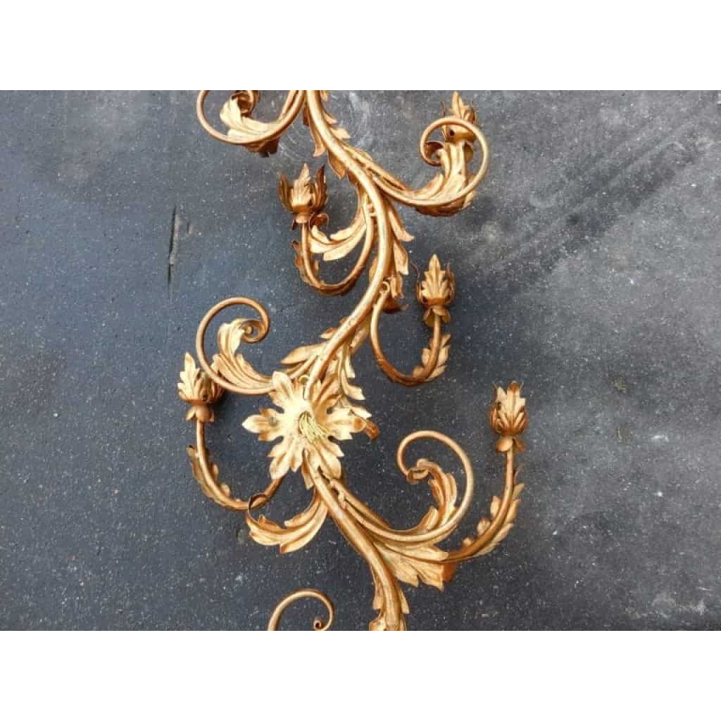 1970′ 2 Paires d’Appliques Fer Doré Fleurs et Feuillage à 8 Ampoules