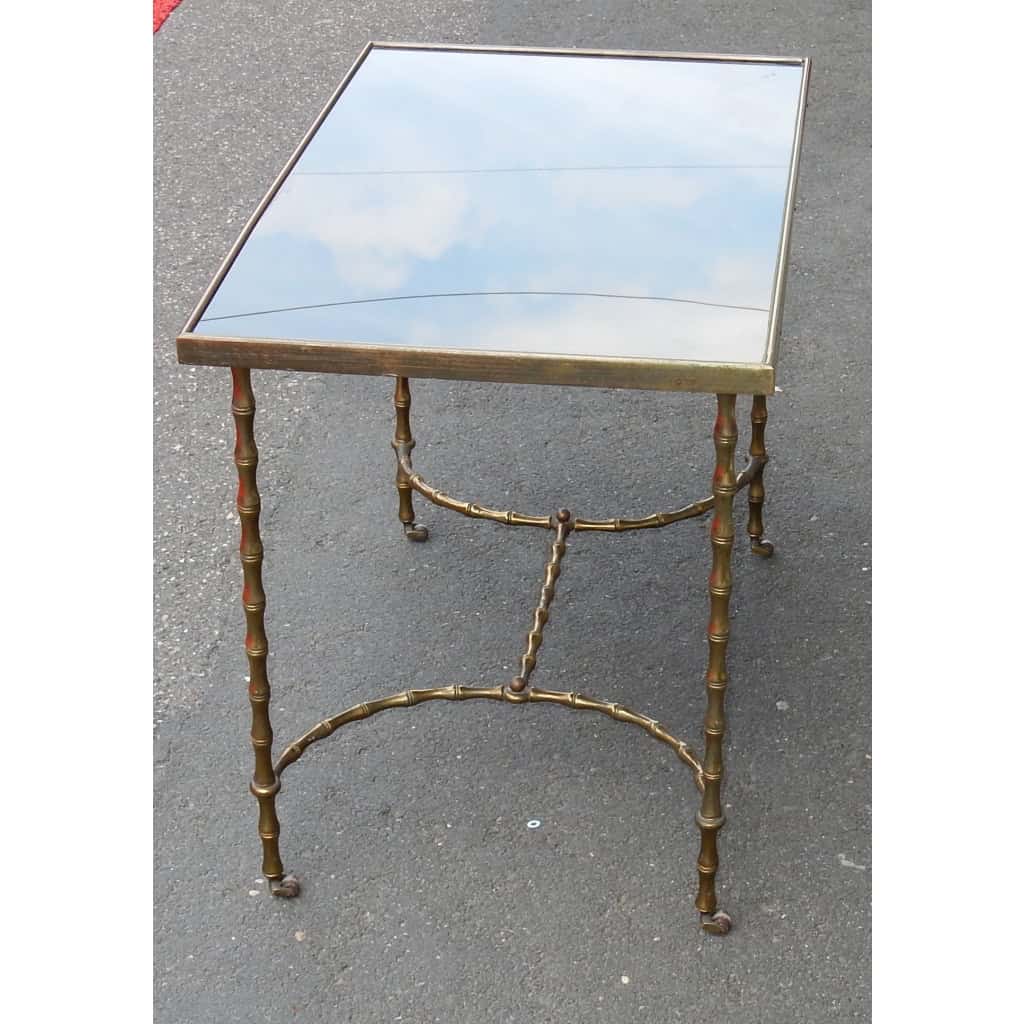 1970′ Table Basse à Roulettes Maison Baguès Décor Bambou en Laiton et Opaline