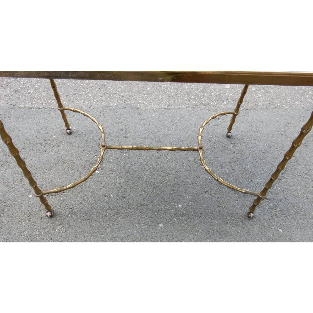 1970′ Table Basse à Roulettes Maison Baguès Décor Bambou en Laiton et Opaline