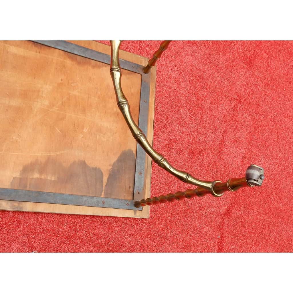 1970′ Table Basse à Roulettes Maison Baguès Décor Bambou en Laiton et Opaline