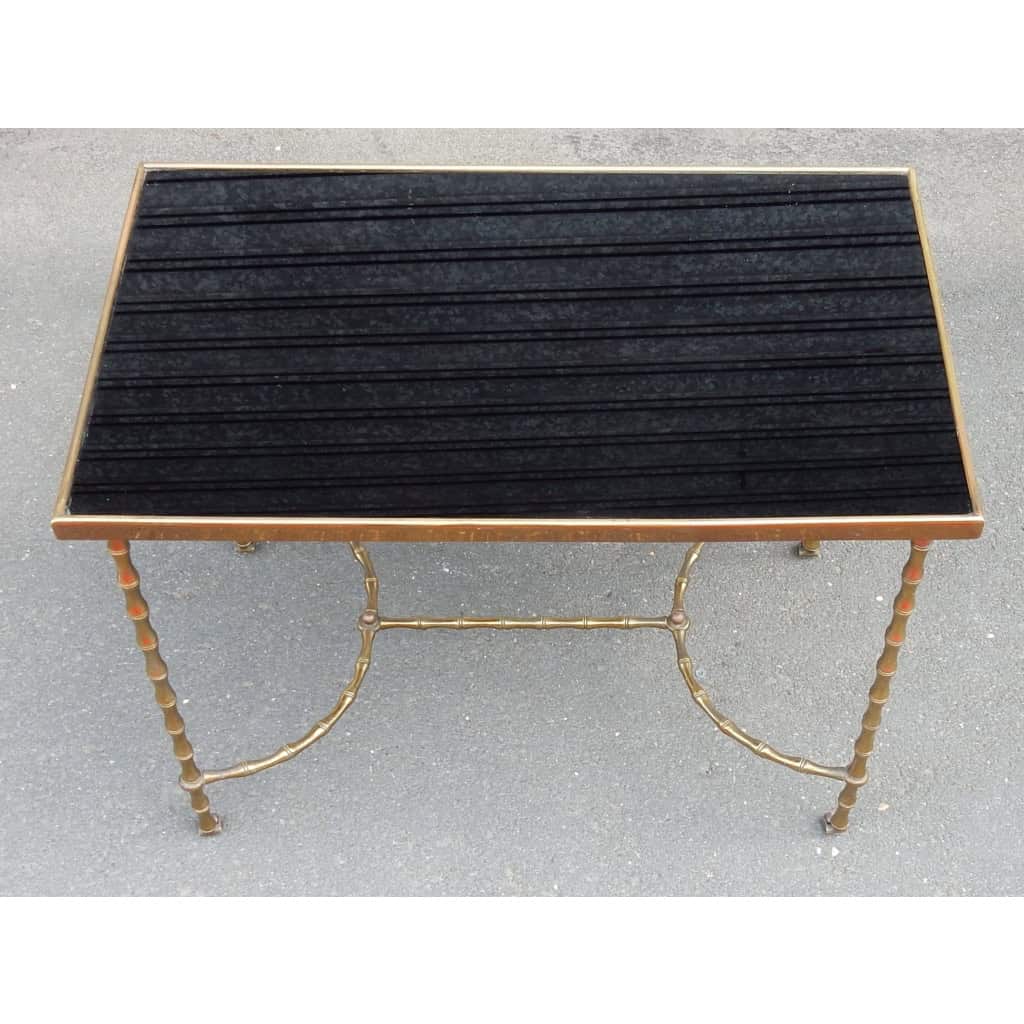 1970′ Table Basse à Roulettes Maison Baguès Décor Bambou en Laiton et Opaline