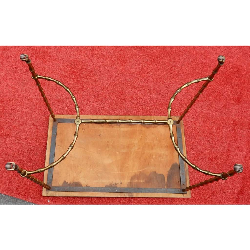 1970′ Table Basse à Roulettes Maison Baguès Décor Bambou en Laiton et Opaline