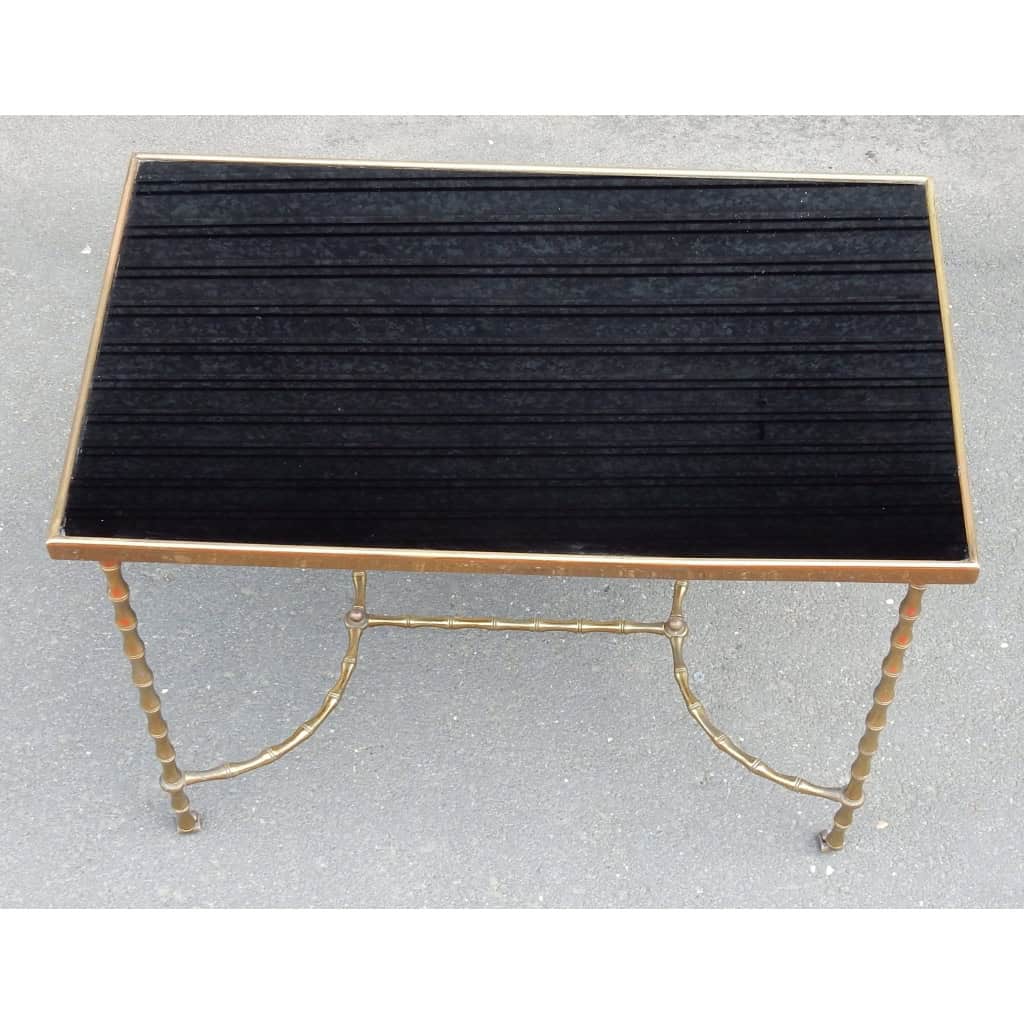 1970′ Table Basse à Roulettes Maison Baguès Décor Bambou en Laiton et Opaline