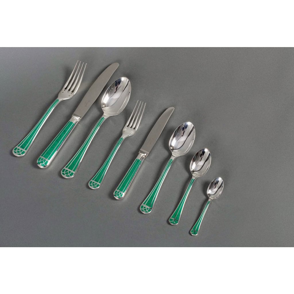 Ménagère « Talisman » métal argenté & laque de Chine verte de CHRISTOFLE – 93 Pièces | Biron ||||||||||