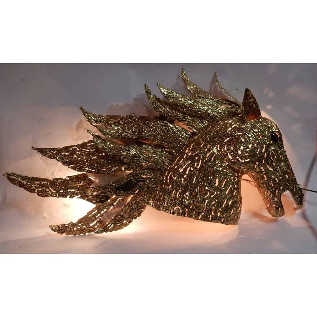1990′ Applique Éclairante Tête De Cheval en Bronze Doré et Gypse Style Duval Brasseur | Biron |||||||||
