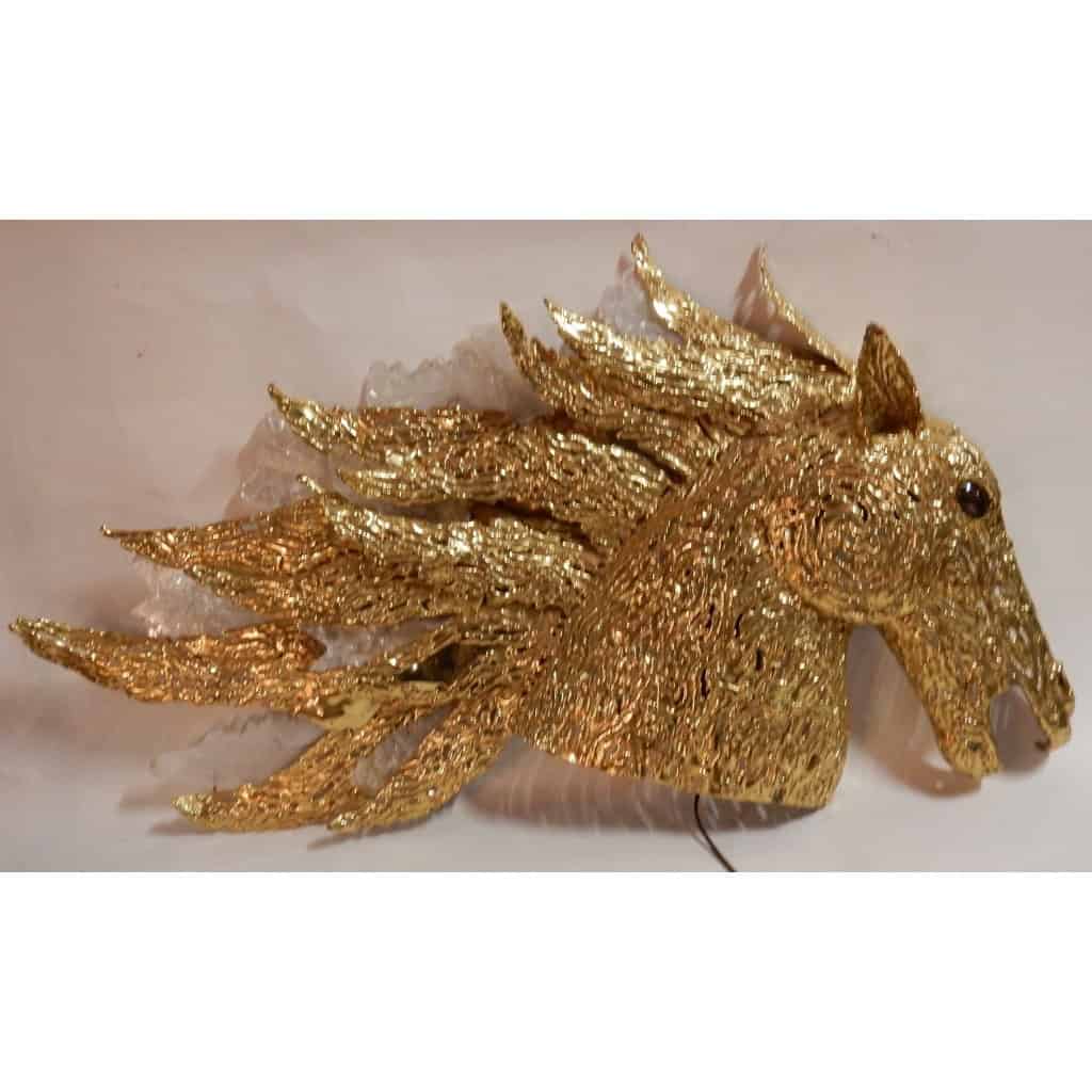 1990′ Applique Éclairante Tête De Cheval en Bronze Doré et Gypse Style Duval Brasseur | Biron 1990' Applique Éclairante Tête De Cheval en Bronze Doré et Gypse Style Duval Brasseur