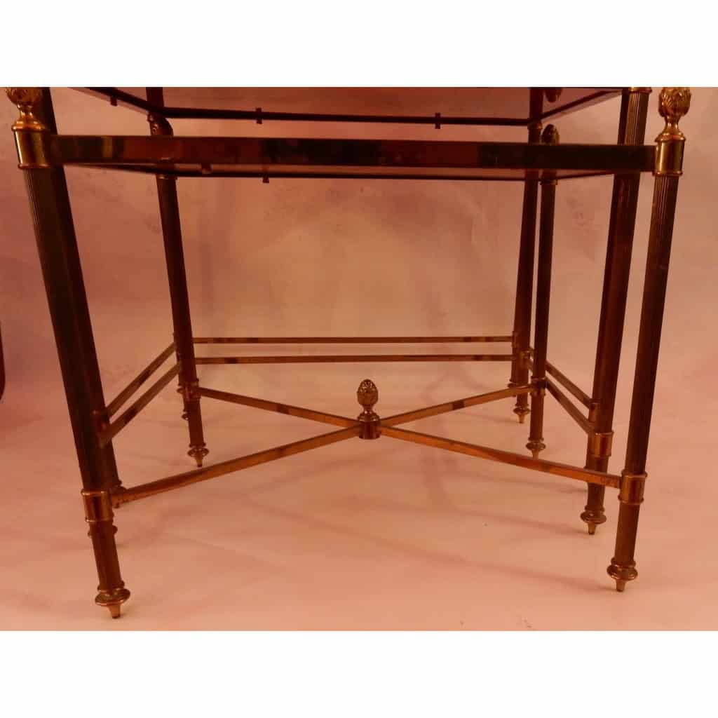 1970′ Série De 3 Tables Gigognes Maison Baguès En Bronze Doré, 3 Plateaux Bakélite Façon Ambré