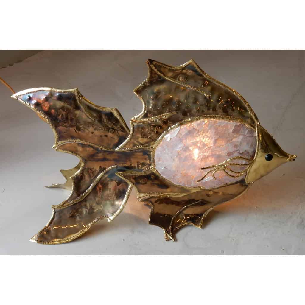 1970′ Lampe Poisson En Laiton Avec Mika Violet style Duval Brasseur Éclairante 2