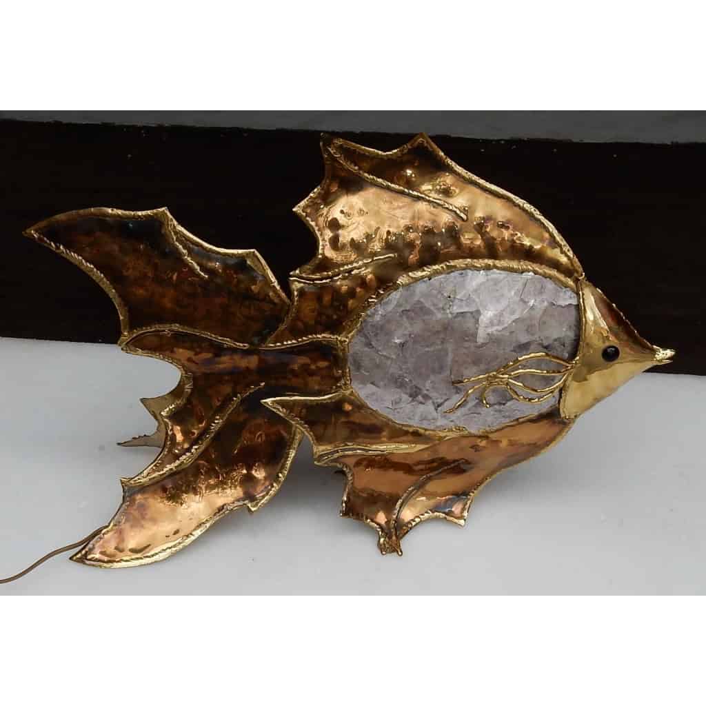 1970′ Lampe Poisson En Laiton Avec Mika Violet style Duval Brasseur Éclairante 3
