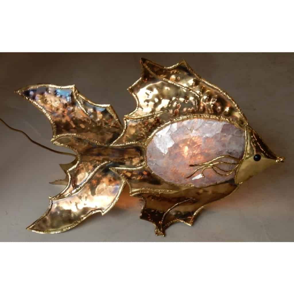 1970′ Lampe Poisson En Laiton Avec Mika Violet style Duval Brasseur Éclairante 4
