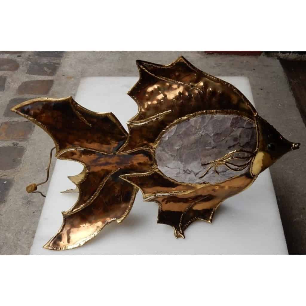 1970′ Lampe Poisson En Laiton Avec Mika Violet style Duval Brasseur Éclairante 7