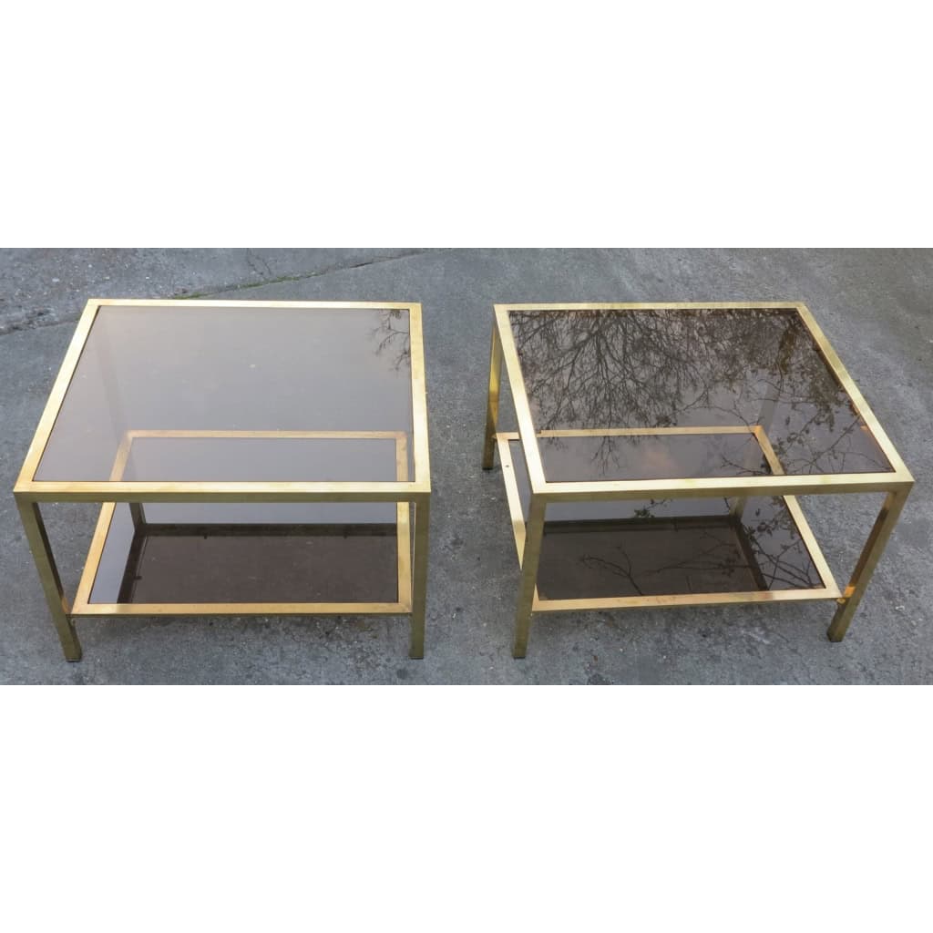 1970/80 Paire de Bouts de Canapé Rectangulaires en Laiton Plateaux Verre Fumé | Biron |||||||||