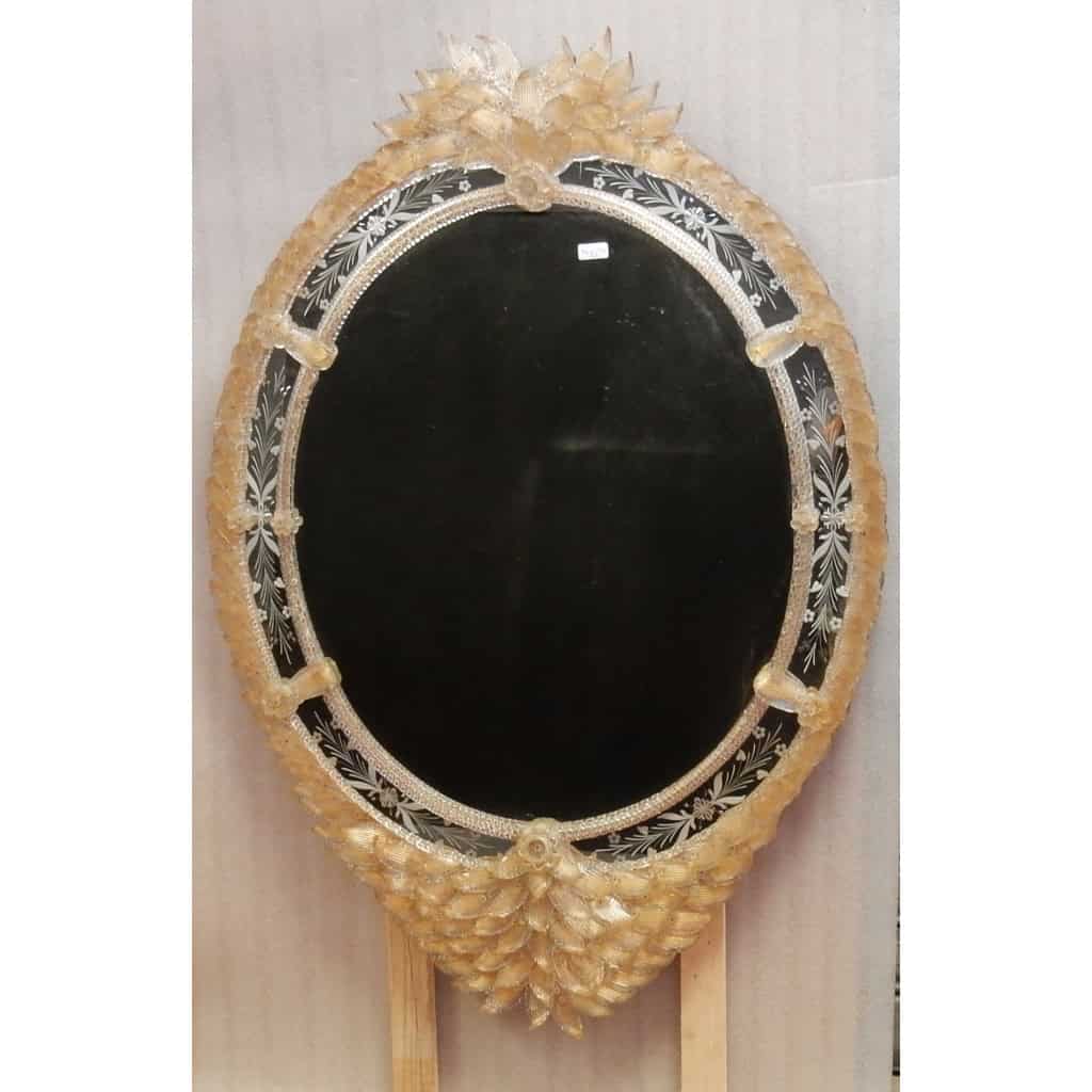 1970/80′ Miroir Cristal Murano Véronèse avec Inclusions de Feuilles d’Or