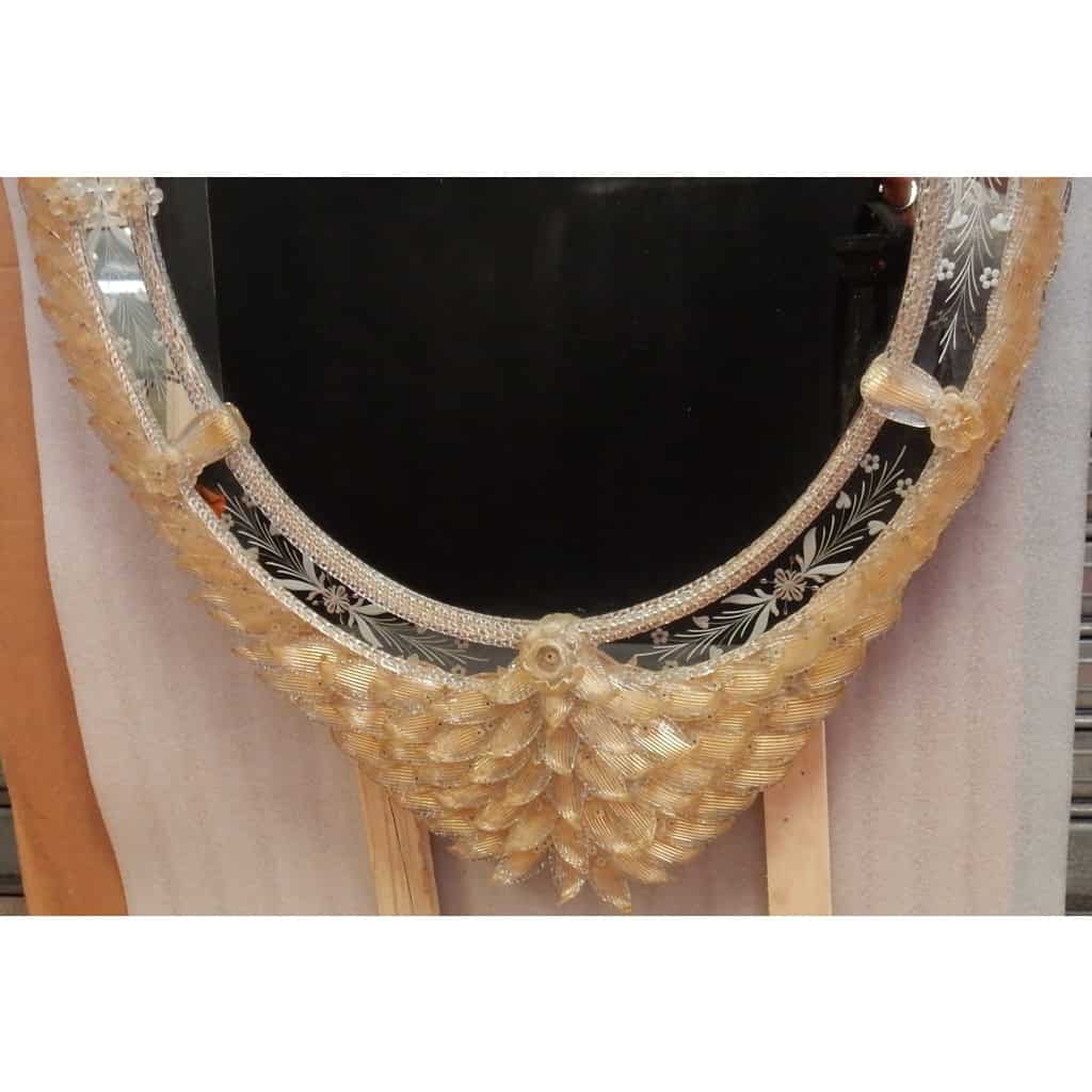 1970/80′ Miroir Cristal Murano Véronèse avec Inclusions de Feuilles d’Or