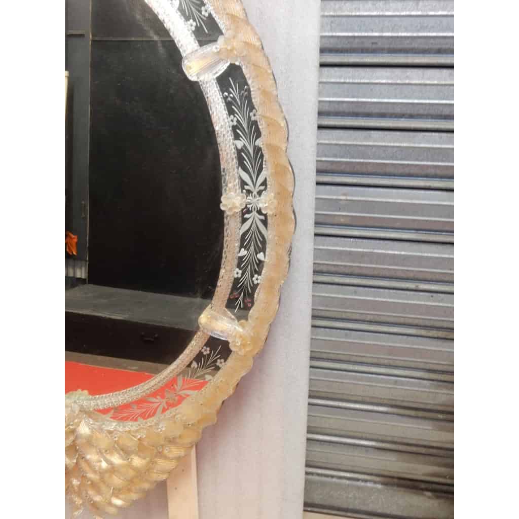 1970/80′ Miroir Cristal Murano Véronèse avec Inclusions de Feuilles d’Or