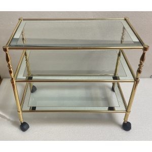 1970′ Desserte a Roulettes en Laiton Doré et Verre Avec Entourage Miroir Maison Jansen