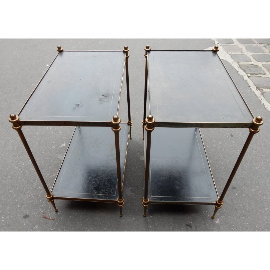 1950-70′ Paire de Bouts de Canapés en Bronze Maison Baguès et 2 Plateaux Gainés de Cuir Noir à Liseret Doré 3