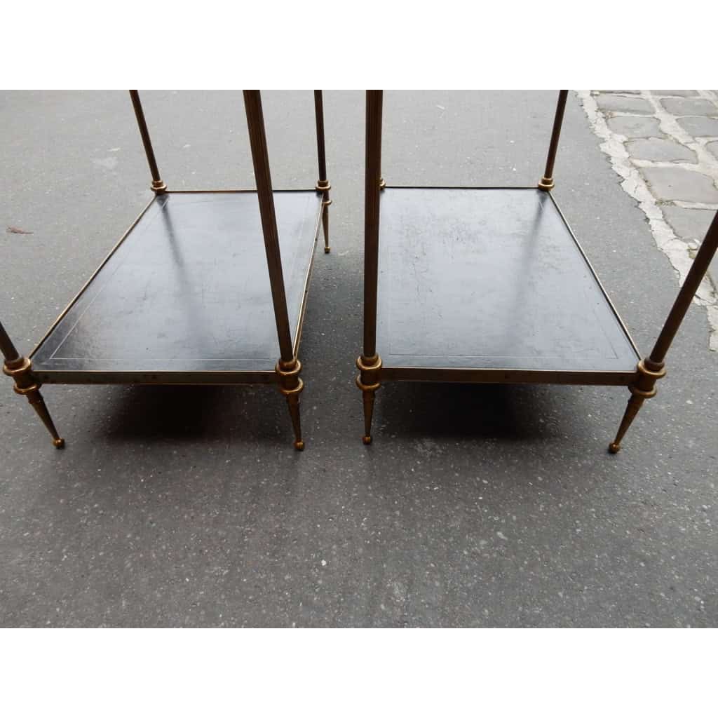 1950-70′ Paire de Bouts de Canapés en Bronze Maison Baguès et 2 Plateaux Gainés de Cuir Noir à Liseret Doré 6