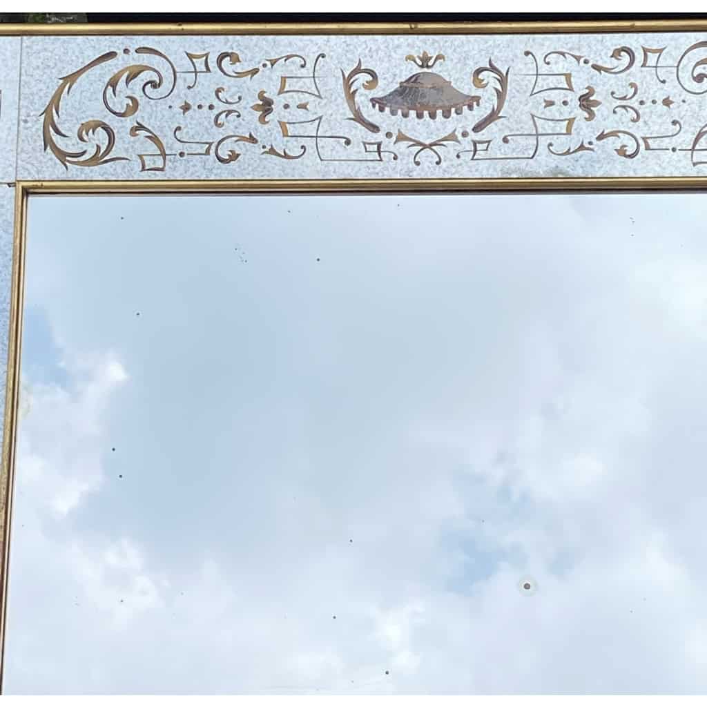 1960/70 Miroir Horizontal Aux Chinois Musiciens Décor Eglomisé Et Cadre Feuilles d’Or DLG Pansard | Biron 1960/70 Miroir Horizontal Aux Chinois Musiciens Décor Eglomisé Et Cadre Feuilles d’Or DLG Pansard