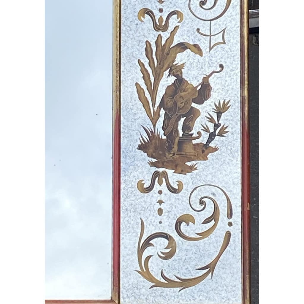 1960/70 Miroir Horizontal Aux Chinois Musiciens Décor Eglomisé Et Cadre Feuilles d’Or DLG Pansard | Biron 1960/70 Miroir Horizontal Aux Chinois Musiciens Décor Eglomisé Et Cadre Feuilles d’Or DLG Pansard