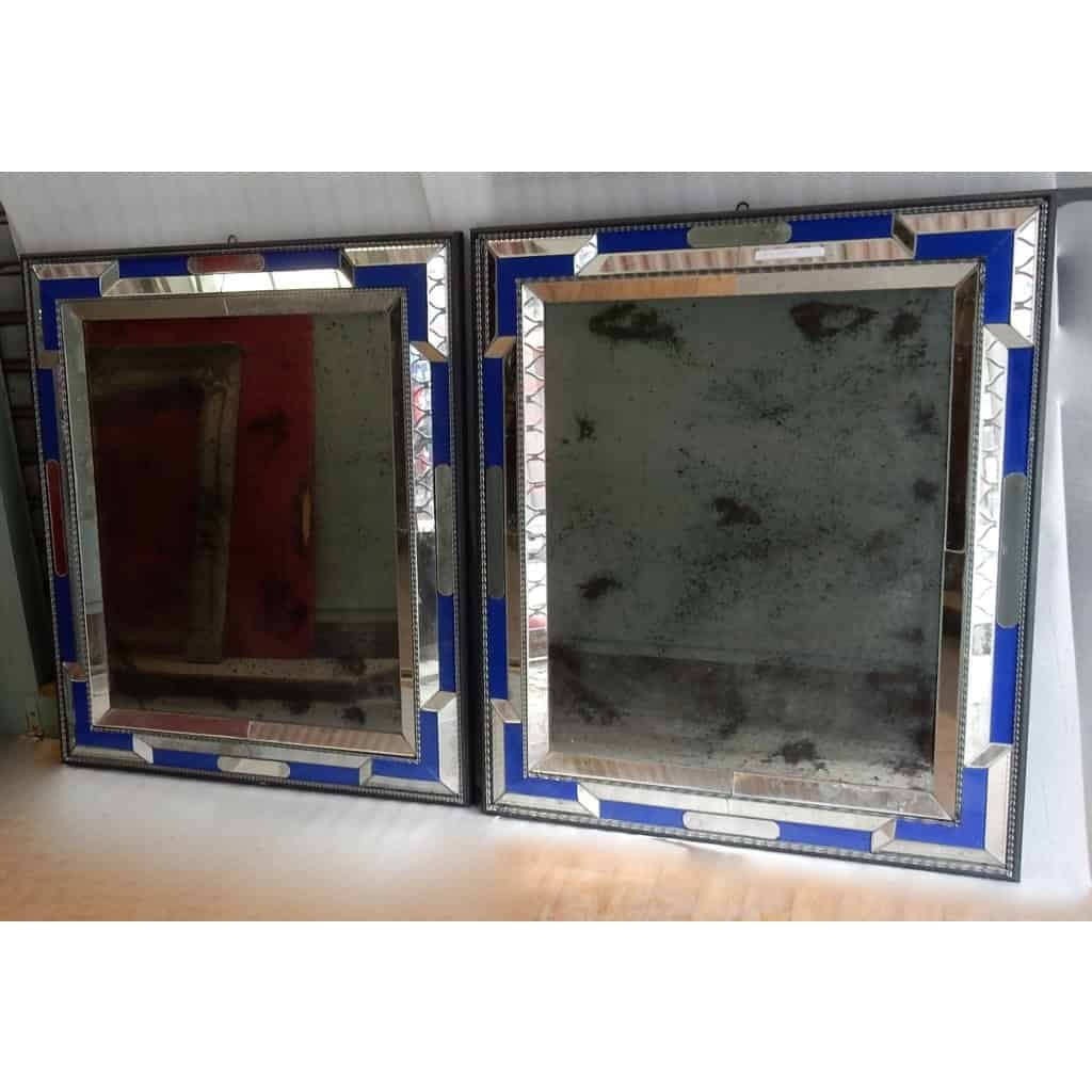 1970/80 Paire De Miroirs Venise Style Louis 14 Avec Ornements En Verre Bleu 2