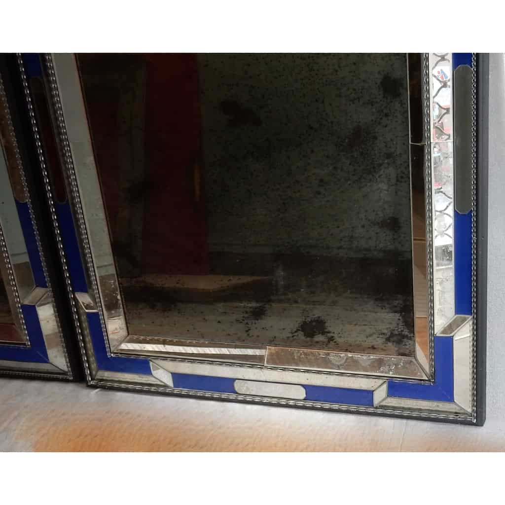 1970/80 Paire De Miroirs Venise Style Louis 14 Avec Ornements En Verre Bleu 11