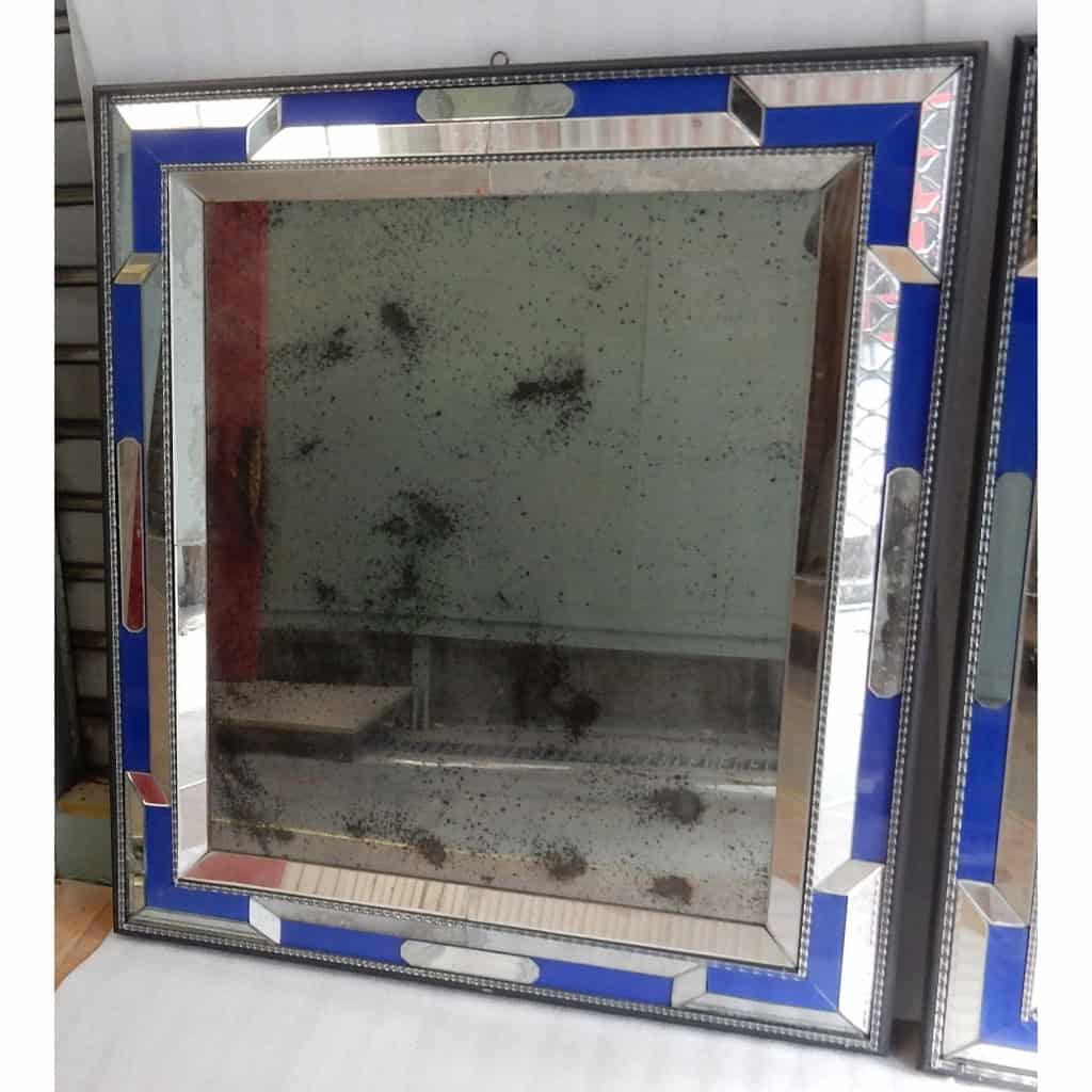 1970/80 Paire De Miroirs Venise Style Louis 14 Avec Ornements En Verre Bleu 3